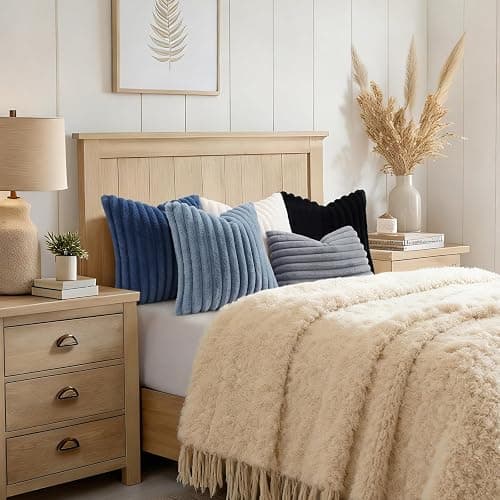 decorUhome Fall Cozy Faux Fur Throw Pillow Covers 16x16 Set of 2 Decorative Soft Plush Striped Modern Farmhouse Boho Couch Pillow Cases with Velvet Back for Sofa Bed Living Room, Grey Blue thumbnail 8
