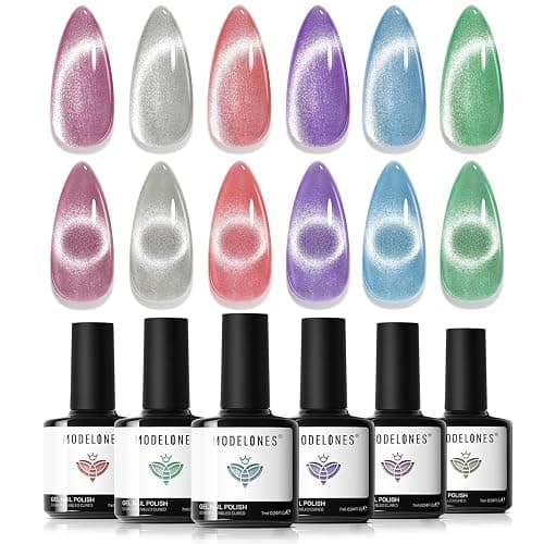 modelones Cat Eye Gel Nail Polish 6 Colors Red Green Silver Purple Blue Glitter Cat Eye Gel Polish Holographic 9D Semi-transparent With Magnet Soak Off Led Nail Art DIY Salon Gifts For Women Girl - Image 1