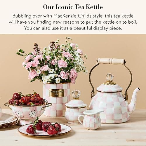 MACKENZIE-CHILDS Enamel Tea Kettle, Stylish Tea Kettle for Stovetop, Pink-and-White Rosy Check, 2 Quarts thumbnail 3