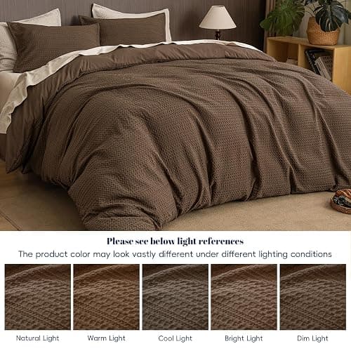 PHF Soft Waffle Duvet Cover Queen Size- Luxury Textured No Snagging Waffle Weave Comforter Duvet Cover(90"x90") with 2 Pillow Shams,3 Pieces Breathable Bedding Set for All Season, Cocoa Brown thumbnail 4