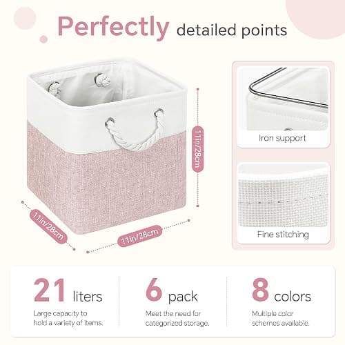 FinishingBo Cube Storage Bins, 6 Pack 11x11 inch with Cotton Handles for Closet, Shelves, Clothes, Towel (White/Pink) thumbnail 2