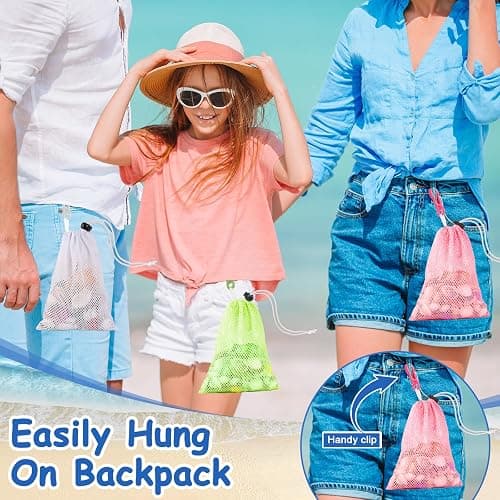 Pink Mesh Beach Bags For Kids 5.9 x 8.3 Inch Seashell Bags With Clip And Toggle Closure For Beach And Box Toy Bag With Toddler Must Haves Beach Vacation Essentials（Only Bags） thumbnail 6