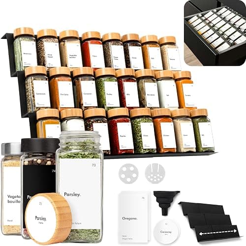 KIVY Spice Drawer Organizer with 24 Spice Jars & 240 Labels - Seasoning Rack for Organization - Kitchen Drawer Insert for Spice Jars - Glass Seasoning Jars with Airtight Lids - Glass Spice Jars Empty - Image 1