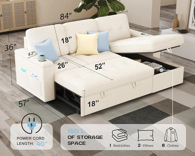 PaPaJet 84 Inch Sofa Bed, Sleeper Sofa with Storage, 2 in 1 Pull Out Couch | Storage Chaise, 2 USB & Cup Holders, Tufted Cushion, Boucle White L Shaped Sofa for Living Room & Guest Bedroom thumbnail 3