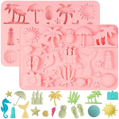 Wilewir Summer Beach Silicone Molds Shaped with Coconut Tree, Starfish and Shells, Summer Beach Candy Chocolate Silicone Mold for Cupcakes, Cakesicle Decorations, Summer Themed Party, Pack of 2 - Image 1