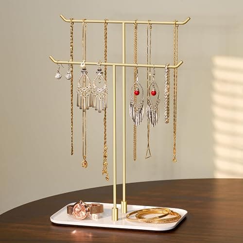 Josmimic Necklace Holder jewellery Stand Organizer for Necklaces and Bracelets, Metal Display Stand, Gift for Women, Ideal for Home, Bedroom, or Vanity, Gold - Image 1