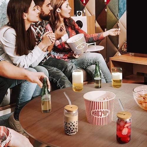 Drinking Glasses with Bamboo Lids and Glass Straw 4pcs Set - 16oz Glass Cups, Iced Coffee Glasses, Cute iced Tea Glasses, Beer Glasses, Ideal for Coffee Bar Accessories, Aesthetic Gift - 2 Brushes thumbnail 5