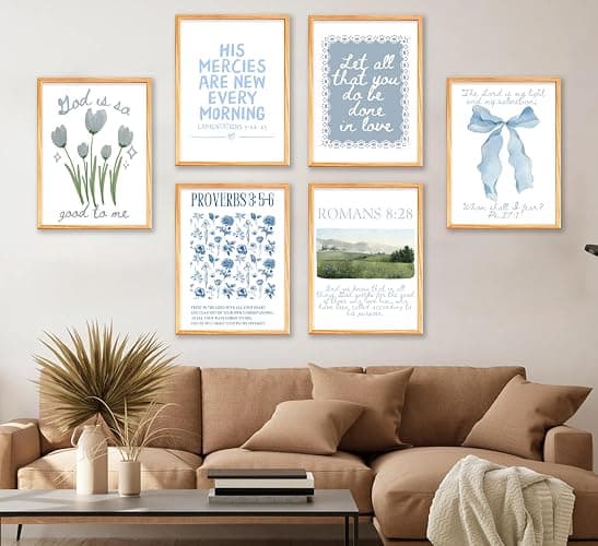Set of 6 Trendy Blue Christian Canvas Wall Art Bible Verses Preppy Posters Coquette Blue Bow Biblical Painting Pictures Religious Scripture Prints for Girls Room Dorm Apartment Home Decor Unframed thumbnail 9