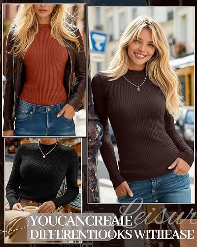 Xaatren 3 Pack Women's Mock Turtleneck Tops Ribbed Long Sleeve Shirts Mock Neck Slim Fit Undershirt Casual Basic Layering Tee thumbnail 4