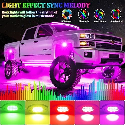 4 Pods RGB LED Rock Lights, Underglow Multicolor Neon Light Kit, Wheel Well Light with APP Control & Music Mode, Under Glow Lights for Trucks,Jeep,SUV,Golf Cart,ATV,Pickup Off Road,12V thumbnail 2