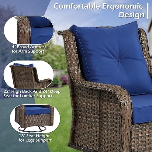 Wumiokio Patio Furniture Sets, 3 Pieces Wicker Outdoor Furniture - 360 Degree Swivel Rocking Chairs and Rattan Side Table for Garden,Porch,Backyard (Brown Wicker/Blue Cushion, 3PCS - Swivel Chairs) thumbnail 5