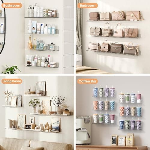 upsimples Clear Acrylic Shelves for Wall Storage, 15" Acrylic Floating Shelves Wall Mounted, Kids Bookshelf, Display Ledge for Bedroom, Living Room, Bathroom, Kitchen (6) thumbnail 6