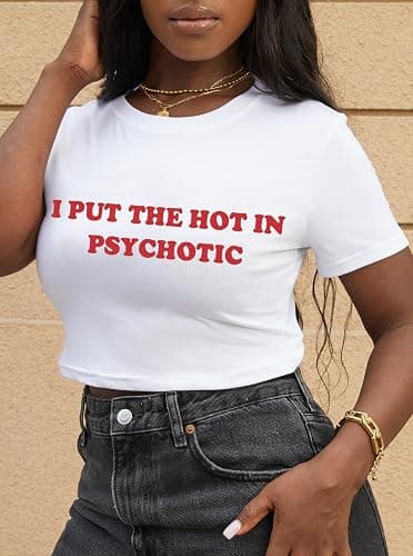 LovelyWholesale Women Graphic Crop Tops Letter Print Short Sleeve Tee Summer Sexy T Shirt thumbnail 4