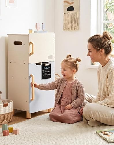 ROBOTIME Wooden Toy Fridge for Kids, Realistic Play Fridge with Freezer, Blackboard, Egg & Ice Cream Accessories, Spacious Storage Play Refrigerator for Kids, Perfect Play Kitchen Pretend Kitchen Toy thumbnail 9