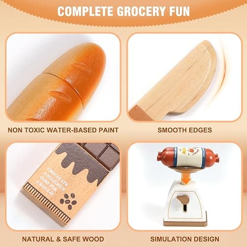 Pithfor Wooden Play Food Set for Kids Toddlers, Grocery Store Pretend Play Food, Pretend Grocery Shopping & Play Kitchen Accessories for Boys Girls thumbnail 6