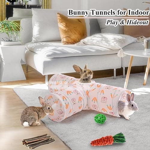 HERCOCCI Rabbit Toys, Bunny Tunnels & Tubes, Collapsible 3 Way Rabbit Hideout Tunnel with Chew Toys for Bunny Guinea Pig Ferret Kitten thumbnail 2
