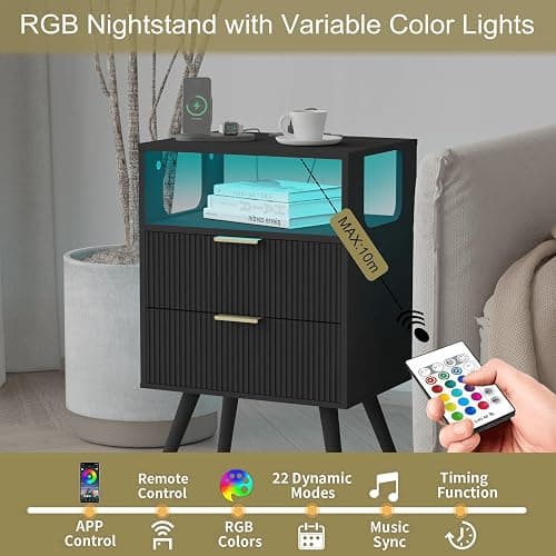 JOONEE Black Nightstand with Charging Station and LED Lights,Modern Bedside Table with 2 Storage Drawer and Open Wood Shelf, for Bedroom and Small Spaces,Night Stand with Solid Wood Legs,Black thumbnail 5