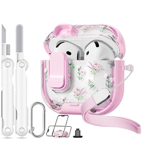 Skyconser with Safety Lock for Apple AirPods 4 Case,Clear Floral Cute AirPod 4th Generation Case with Phone Stand & Cleaning Kit for Women Girly-Pink Narcissus - Image 1