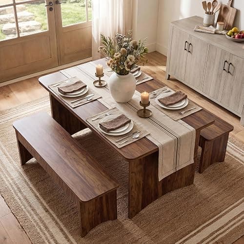 LITTLE TREE 55" Dining Table with 2 Benches, Dining Table Set for 4-6 People, Farmhouse Kitchen Table with Bench, Dining Room Table Set thumbnail 10
