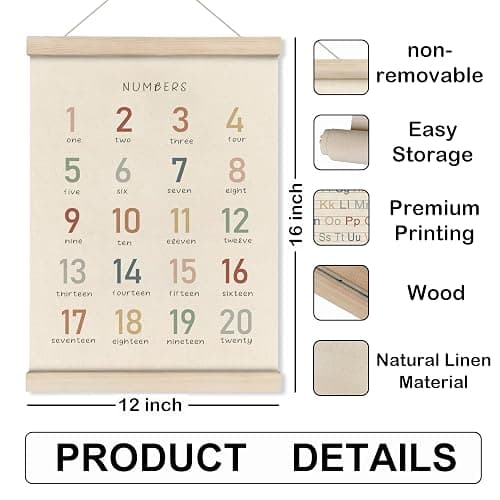 HRQKO Alphabet Numbers Poster Hanger Frame Set of 2, Nursery Wall Decor, ABC Banner Poster Wall Art with Wooden Frames, Alphabet Banner Wall Hanging Decor for Toddler Playroom Nursery, 12x16 Inch - 12X16 - Alphabet & Numbers thumbnail 7