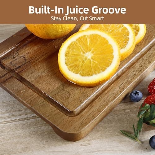 Acacia Wood Cutting Board Set of 4 with Stand, Wooden Chopping Boards with Food Icons for Kitchen, Charcuterie Board for Meat, Vegetables, Fruits, Cheese thumbnail 6