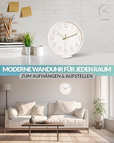 LATENO - Wanduhr Beige - Zum Aufstellen Oder Aufhängen - 30 cm - Lautlos - Klassisch Und Modern - Ohne Tickgeräusche - Für Wohnzimmer Büro UVM. thumbnail 3