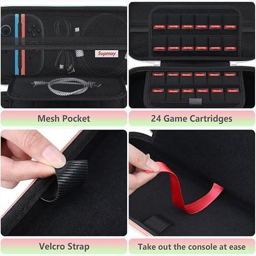 Supmay Carrying Case for Nintendo Switch 2(2025), Protective Hard Shell Portable Travel Carry Case Pouch Holds with 24 Game Cartridges and Mesh Pocket for Switch 2 Accessories, Fancy Pink Green thumbnail 4