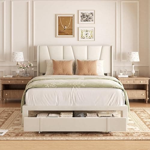 viplov Queen Bed Frame with Storage Drawers, Upholstered Queen Size Platform Bed with 47" Tall Headboard and Wingboard, No Box Spring Needed, Noise Free, Easy Assembly, Wooden Support Slats, Beige thumbnail 3