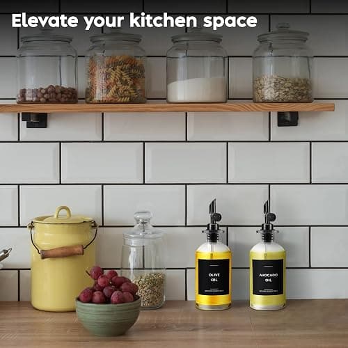 Spaceneat Olive Oil Dispenser Bottle - Includes 55 Kitchen Essential Labels - Cooking Oil Bottles for Kitchen, Coffee Syrup Dispenser - Pourer Spout with 11.8 fl oz Glass Container Cruet - 2pcs, Black thumbnail 5