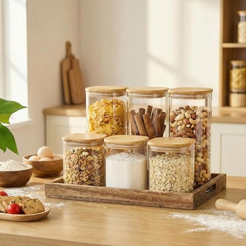HomArtist Square Glass Jars with Bamboo Lids 27 FL OZ [Set of 6], Glass Canisters with Airtight Lids, Glass Food Storage Containers for Coffee, Sugar, Tea, Candies, Cookies,Best for Kitchen & Pantry thumbnail 6