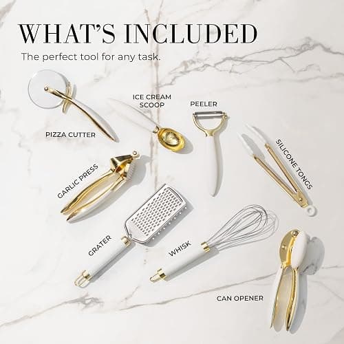 White & Gold Cooking Utensils Set - Luxe 8-Piece Kitchen Gadget Set Includes Can Opener, Tongs and Garlic Press - Stylish White and Gold Kitchen Accessories for Modern Kitchens, Ideal for Gifting - 8 Piece White & Gold thumbnail 2