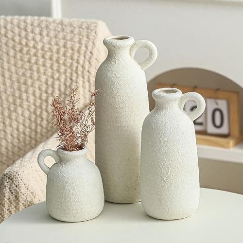 Ceramic Vase Set of 3 with Handle, Neutral Rustic Vases Home Decor Farmhouse Decorative Vase Whitewashed Pottery Decor Modern for Table Mantel Entryway Bookshelf Living Room Kitchen Bedroom - White thumbnail 4
