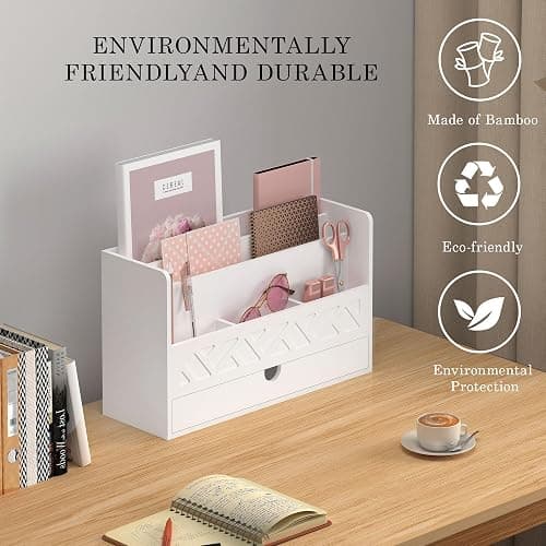 Wisuce Bamboo Mail Organizer Countertop Desktop with Drawer - Desk File Organizer for Office Supplies All-in-One Desk File Drawer with Pencil Holder for Paper Letter Envelope Bill thumbnail 4