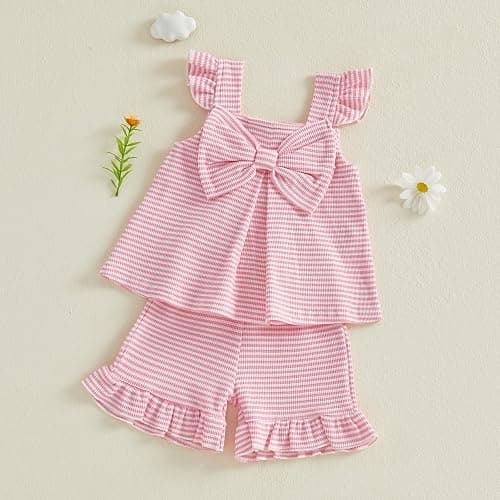 Nibbcoa Toddler Baby Girl Summer Outfit Cute Bow Flutter Sleeve Striped Ruffle Tops Dress Shorts Outfits Set 6M-4T thumbnail 5