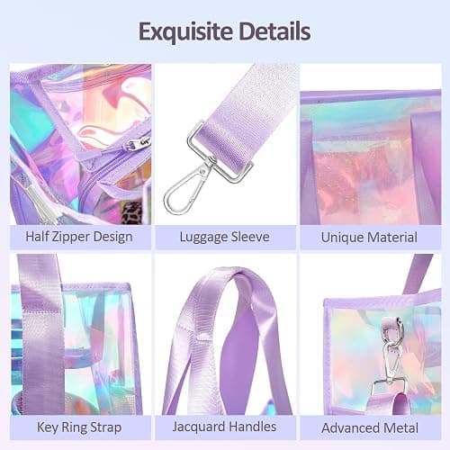 Beach Bag 26L Large Iridescent Waterproof Beach Tote Bag for Women with Zipper & Phone Pouch Sand/Tip-Proof Crossbody thumbnail 5