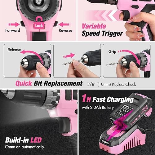 WORKPRO Pink Tool Kit with Drill, Tool Set with 20V Cordless Lithium-ion Drill Driver, Pink Drill Set for Women, 157PCS Home Tool Kit, Lady's Repairing Kit with 14-Inch Storage Bag - Pink Ribbon thumbnail 5