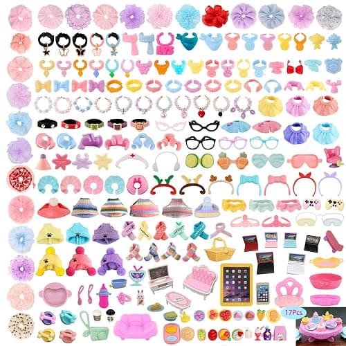 Random Accessories Pack, Mixed Outfit Clothes Hat Glasses Wings Bow Skirt Collar Food Drink Decor Set for LPS Shorthair Cat Collie Dachshund Husky Puppy Dog Deer Figures (17 pcs Random) - Image 1