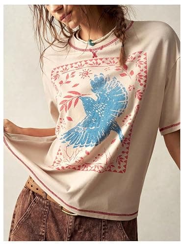 BEAUDRM Women's Graphic Boho Tshirts Vintage Hippie Short Sleeve Tee Top | Vintage 70s Outfits, Western, Animal Print, Cowgirl Tee, Boho Graphic T Shirt, Streetwear thumbnail 3