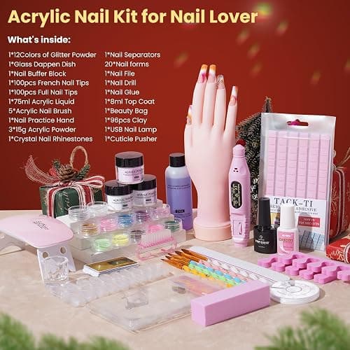 Nail Kit for Beginners with Everything, Practice Hand & Storage Gift Bag | Complete Acrylic Nail Starter Kit with Drill, Lamp, Acrylic Powder, Liquid Monomer and 12Color Glitter for Home Salon Gifting thumbnail 2