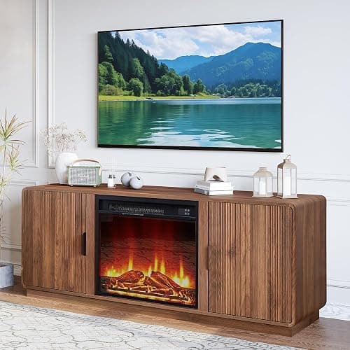 BERRYMERRY 60inch Fireplace TV Stand with 23" Electric Fireplace Heater,Mid Century Modern Fluted Entertainment Center for TVs Up to 75" for Living Room, Bedroom (Brown with Fireplace) thumbnail 9