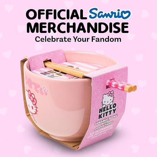 Silver Buffalo Sanrio Hello Kitty Strawberry Milk Japanese Character Ceramic Ramen Noodle Rice Bowl with Chopsticks, Microwave Safe, Pink, 20 Ounces thumbnail 6