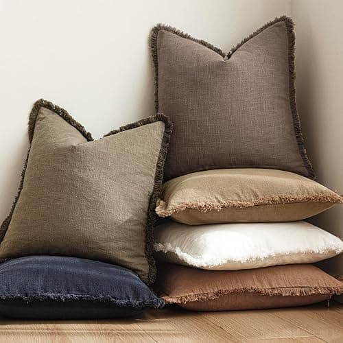 Foindtower Set of 2 Decorative Linen Fringe Throw Pillow Covers Cozy Farmhouse Cushion Cover with Tassels Accent Pillowcase for Couch Chair Sofa Bed Living Room Home Decor,18×18 Inch,Light Coffee thumbnail 6
