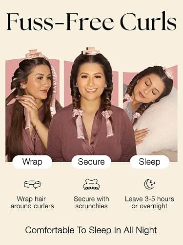 Lily England Heatless Hair Curlers to Sleep In - No Heat Curling Gift Set Includes Satin Headband, Hair Clip, Comb & 2 Scrunchies - Sleek & Smooth Overnight Curls (Pink, 5 Pack) thumbnail 3