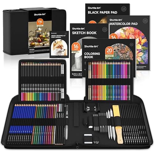Shuttle Art 116 PCS Drawing Kit, Professional Drawing Supplies with Sketch, Charcoal, Colored, Graphite, Pastel Pencils & Sticks, Complete Drawing Tools and Paper Pads in Zipper Case for Artists&Kids - Image 1