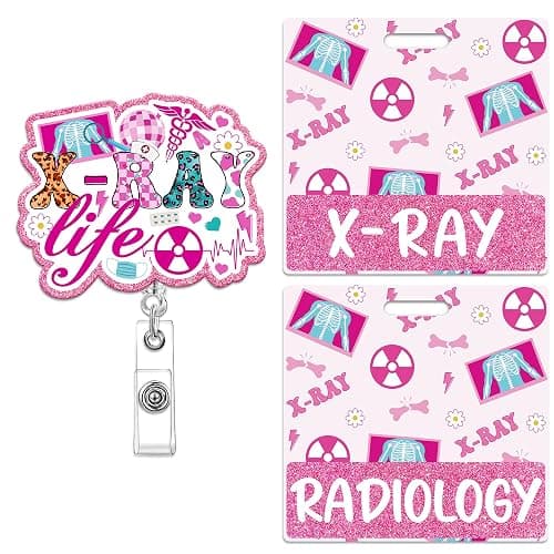 Obookey Xray Badge Buddy, Pink Radiology Badge Buddy Retractable, Glitter Xray Tech Badge Reel with Swivel Clip for Radiologic Technologist Radiology Tech Student Essentials - Image 1