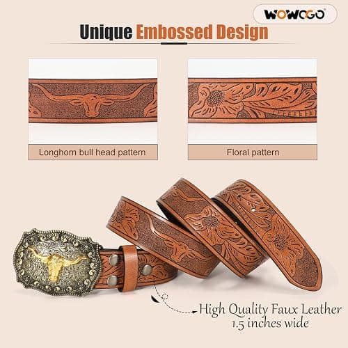 WOWOGO Women Men Western Belts Cowboy Cowgirl Country Belt Longhorn Bull Buckle Floral Embossed Belt for Jeans Dresses thumbnail 5