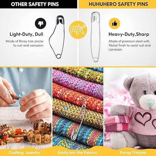 Huhuhero 340 Pack Safety Pins Assorted, Small & Large Heavy Duty Safety Pins for Clothes Costume Sewing, 5 Different Sizes Nickel Plated Steel Pin Bulk, Crafts Art Supplies, Silver thumbnail 4