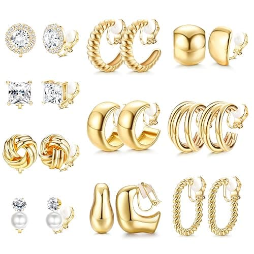 FIBO STEEL 10 Pairs Clip On Earrings for Women Non Pierced Ears CZ Pearl Knot Twist Chunky Hoop and Studs Earring Set Ear Clips Jewelry 14K Gold Plated - Image 1