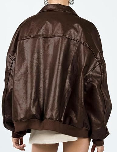 EsheSy Women's Oversized Leather Jacket Faux Suede Boyfriend Motorcycle Full Zip Bomber Jacket thumbnail 6