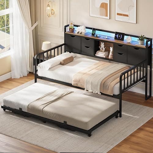 ADORNEVE Daybed with Trundle, Twin Day Bed with Storage Headboard & Charging Station, Height Adjustable Metal Trundle Bed Twin, Sofa Bed Frame for Living Room, Bedroom and Guest Room, Black thumbnail 7